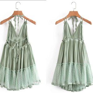 Dobby Mesh Ruffled Halter Mint Green Size S